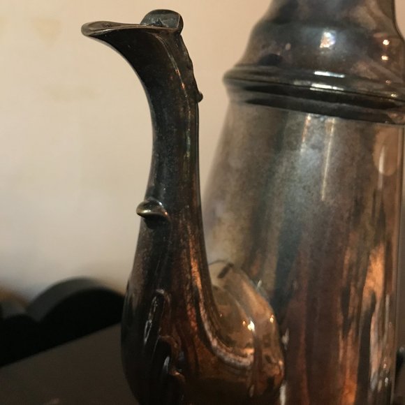 Antique Patinated Pure Silver Plated 5 Pc Tea Set w/ Black Wood Handle - Picture 7 of 15